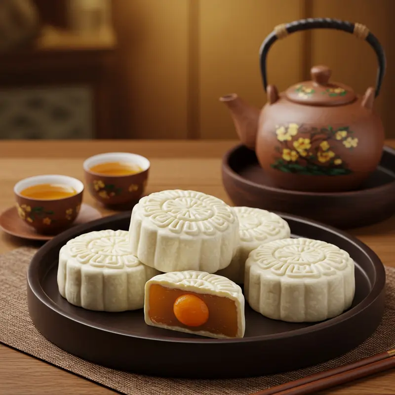 Bánh trung thu dẻo trắng tinh, hoa văn tinh xảo, phong cách truyền thống.