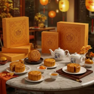 Hộp quà bánh Trung Thu sang trọng cùng bánh và trà trên bàn đá, dưới ánh đèn lồng.