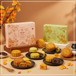 Hình ảnh bánh Trung Thu hiện đại nhiều màu sắc, thiết kế sang trọng, bày biện tinh tế.