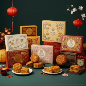 Nhiều hộp bánh Trung Thu sang trọng, thiết kế cá nhân hóa đặt trên bàn với đèn lồng và bánh Trung Thu.