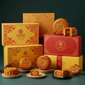 Bánh trung thu trong hộp cao cấp, có logo nổi bật, trưng bày bắt mắt.