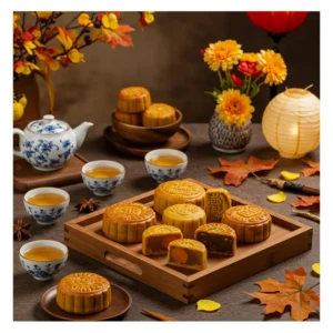 Đĩa bánh trung thu ít ngọt được trình bày đẹp mắt trên bàn gỗ với ánh đèn lồng và hoa mùa thu.