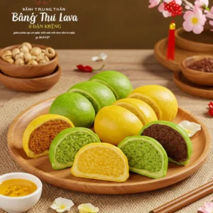 Hình ảnh bánh Trung Thu lava ăn kiêng với nhiều loại nhân, bày trên khay gỗ cùng nguyên liệu thiên nhiên.
