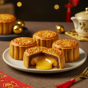 Bánh trung thu lava custard với nhân kem trứng chảy vàng óng trên đĩa gốm sang trọng.