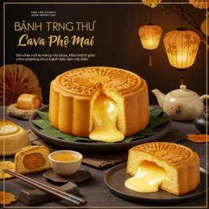 Bánh trung thu lava phô mai nhân tan chảy giữa bàn tiệc Trung Thu với lồng đèn và trà.