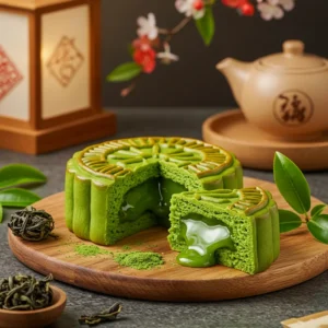 Bánh trung thu lava trà xanh cắt đôi, nhân tan chảy, trang trí lá trà và đèn lồng.