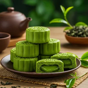 Nhiều chiếc bánh trung thu lava trà xanh trên đĩa, một chiếc được cắt đôi chảy nhân xanh mịn.