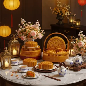 Hộp bánh trung thu sang trọng bày trên bàn đá cùng lồng đèn, trà và hoa tươi, thể hiện không khí lễ hội và tinh tế.