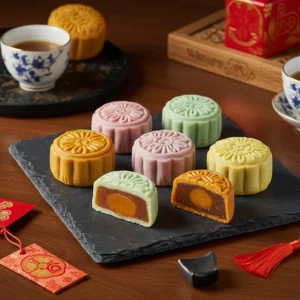 Nhiều chiếc bánh trung thu mini dẻo nhiều màu sắc, hoa văn sắc nét xếp trên đĩa gỗ.