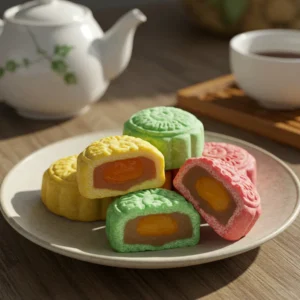 Bánh trung thu mini dẻo nhiều màu sắc được bày trên đĩa, ánh sáng tự nhiên dịu nhẹ tôn vinh vẻ mềm dẻo và chất bánh.