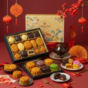 Hộp bánh Trung Thu mini hiện đại, kết hợp bánh lava và rau câu đa màu sắc, trên bàn trang trí lễ hội.