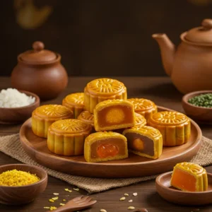 Bánh Trung Thu mini với vỏ vàng óng, nhân nhiều màu sắc, đặt trên khay gỗ cạnh các nguyên liệu tươi.