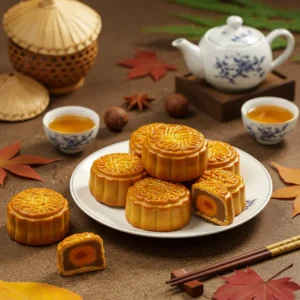 Đĩa bánh Trung Thu mini nướng vàng thơm đặt cùng ấm trà, lá thu trên bàn sáng tự nhiên.