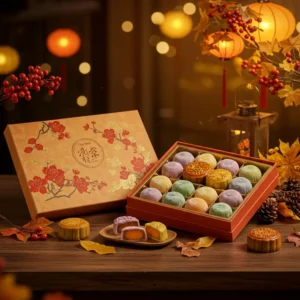 Hộp bánh Trung Thu mochi nhiều màu sắc được trang trí đẹp mắt trên bàn gỗ với ánh đèn lồng dịu nhẹ