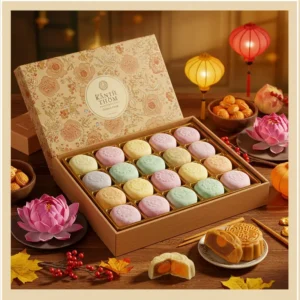 Hình ảnh hộp bánh trung thu mochi sang trọng với trang trí hoa sen và lồng đèn.