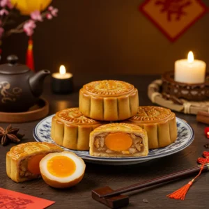 Bánh trung thu mochi nhân chà bông trứng muối Đài Loan, trình bày tinh tế bên đèn lồng Trung thu.