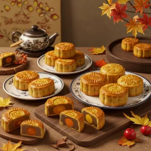 Đĩa bánh trung thu với phần nhân ít ngọt được bày trên bộ đĩa gốm truyền thống, ánh sáng tự nhiên mềm mại.