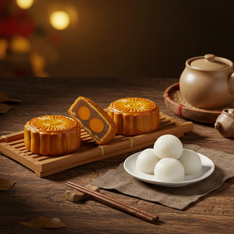 Bánh Trung Thu truyền thống và Mochi Nhật Bản đặt cạnh nhau trên khay tre.