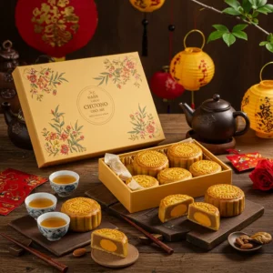 Bánh trung thu nhân phô mai trong hộp sang trọng cạnh đèn lồng và tách trà trên bàn gỗ.