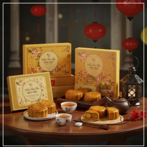 Khung cảnh bàn tiệc sang trọng bày bánh Trung Thu quà tặng, trà và lồng đèn Trung Thu.