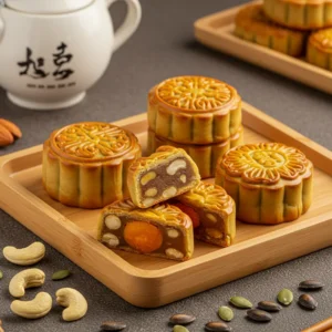 Ảnh bánh Trung Thu thập cẩm với nhiều loại hạt được trình bày trên mâm gỗ, ánh sáng ấm dịu.