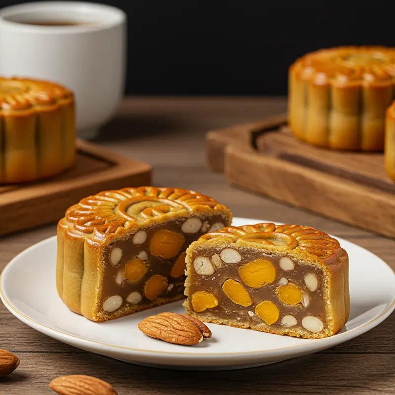 Bánh trung thu thập cẩm ít ngọt với thành phần hạt và trái cây tự nhiên.