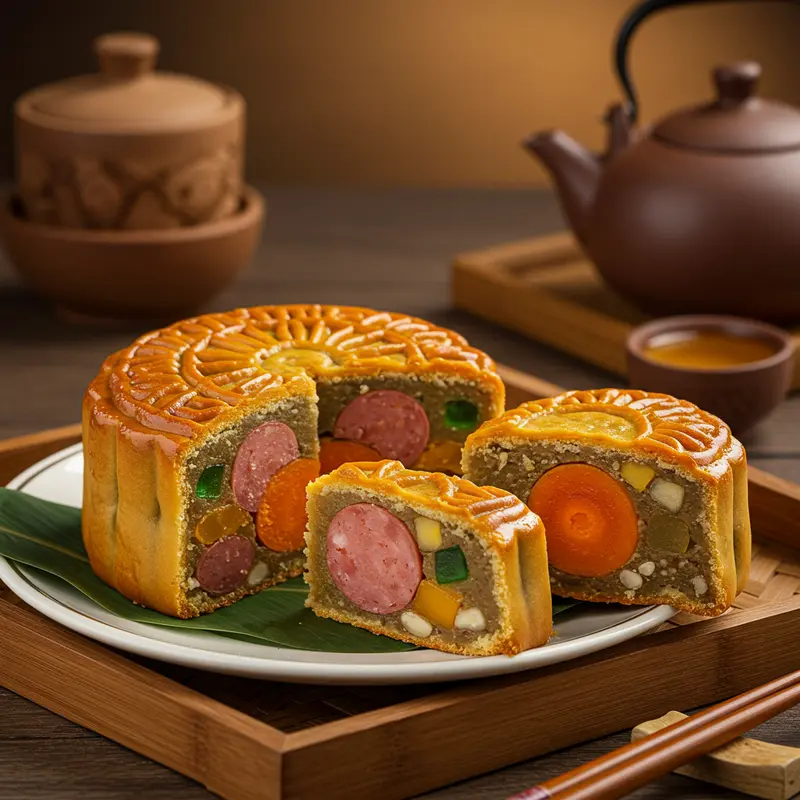 Bánh trung thu thập cẩm truyền thống với nhiều nguyên liệu phong phú.