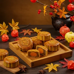 Ảnh bánh Trung Thu được sắp xếp trên khay gỗ với trang trí lá mùa thu và những chiếc đèn lồng, ánh sáng ấm áp làm nổi bật độ tươi ngon của bánh