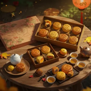 Khung cảnh hộp bánh Trung Thu mở ra với nhiều loại bánh thủ công, lồng đèn và tách trà trên bàn gỗ.