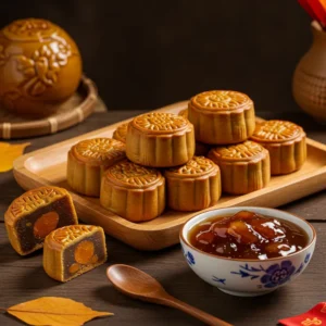 Góc chụp gần các chiếc bánh Trung Thu đặt trên khay gỗ cạnh bát mỡ đường bóng vàng ươm trong ánh sáng ấm áp