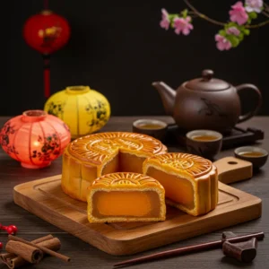 Bánh trung thu cắt đôi lộ nhân mịn bên ấm trà và lồng đèn truyền thống.