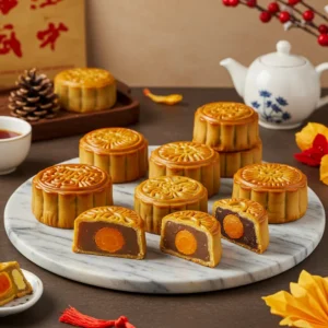 Bánh Trung Thu cao cấp các loại bày trên đĩa đá hoa cương, nhân bánh nhiều màu sắc, trang trí sang trọng.