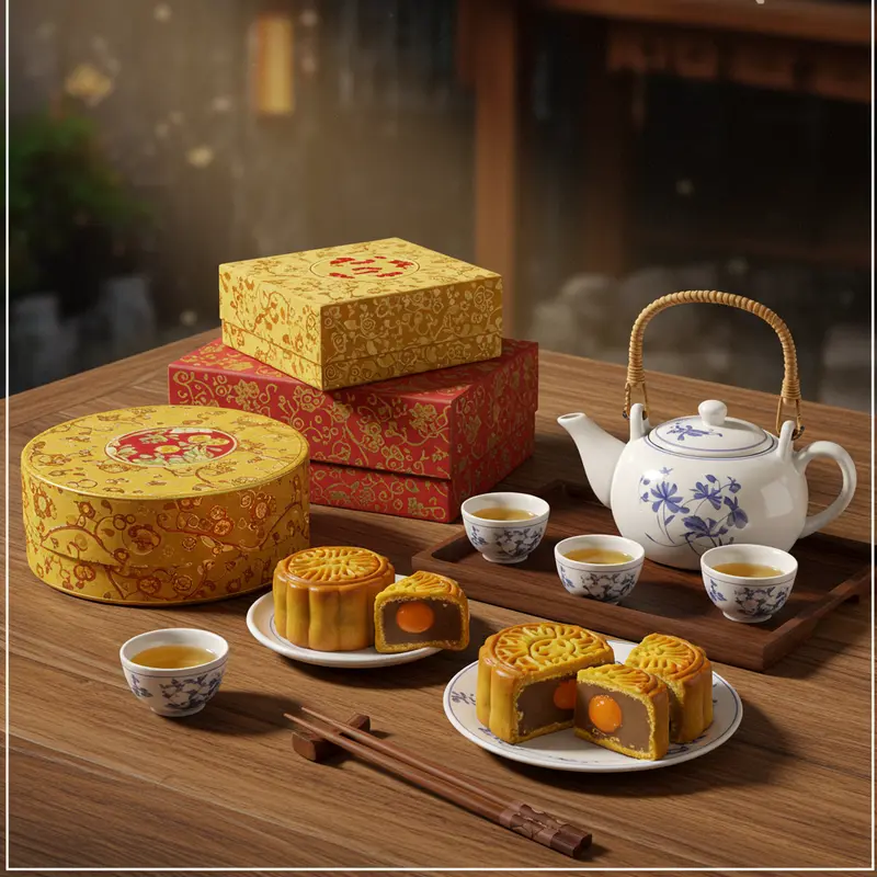 Bánh nướng Trung Thu nhân đậu xanh trứng muối và khung cảnh truyền thống dịp Tết Trung Thu