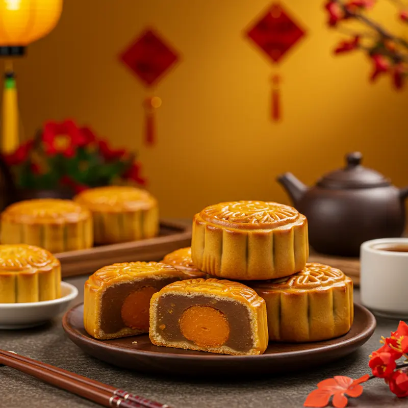 Bánh Trung Thu được sắp xếp đẹp mắt với lớp vỏ vàng bóng và các phụ kiện trang trí lễ hội Trung Thu