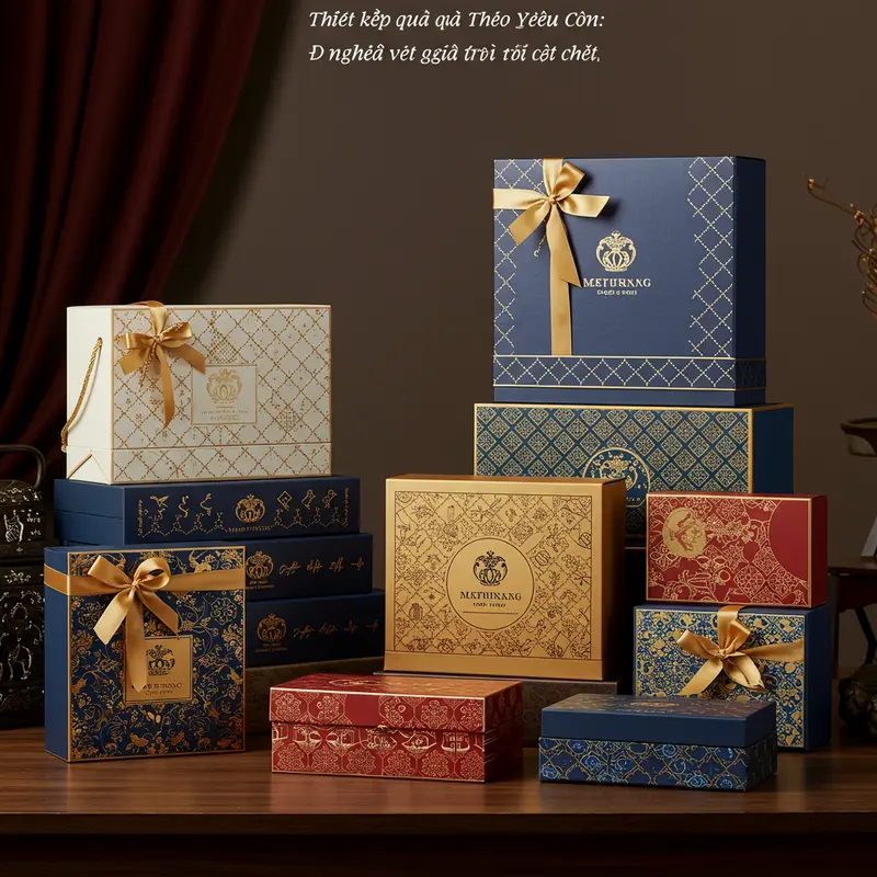 Các hộp quà cao cấp thiết kế theo yêu cầu với chi tiết sang trọng và logo thương hiệu.