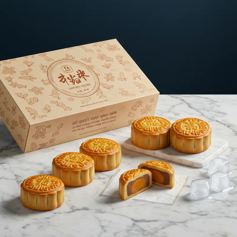 Bánh trung thu mochi Đài Loan trưng bày cùng nguyên liệu đặc trưng.