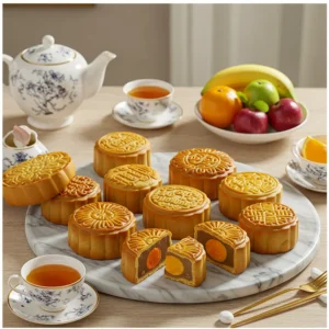 Khung cảnh sang trọng với nhiều loại bánh trung thu cao cấp, trà và trái cây, ánh sáng tự nhiên.