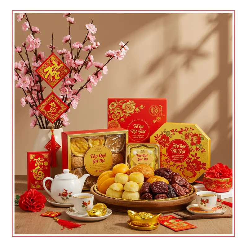 Hộp quà Tết giá rẻ, đẹp mắt với bánh kẹo, trà, mứt và hoa xuân trên khay gỗ.