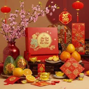 Hộp quà Tết rượu vang trang trí đỏ vàng rực rỡ, bên cạnh hoa cỏ và những nét truyền thống ngày Tết.