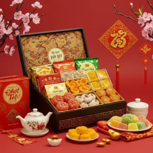 Ảnh cận cảnh hộp quà Tết truyền thống sang trọng với trà, mứt, bánh kẹo trên nền đỏ và hoa đào.