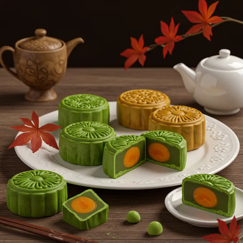 Bánh trung thu nhân trà xanh với sắc xanh đặc trưng, thể hiện nét văn hóa truyền thống pha lẫn hiện đại.