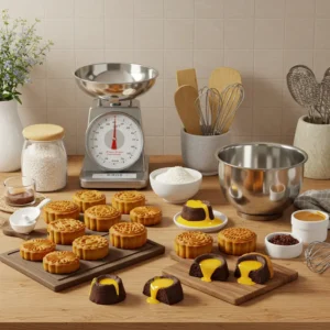 Các dụng cụ cơ bản làm bánh Trung Thu lava gồm khuôn, cân, âu trộn, nhiệt kế và bánh thành phẩm trên mặt gỗ.