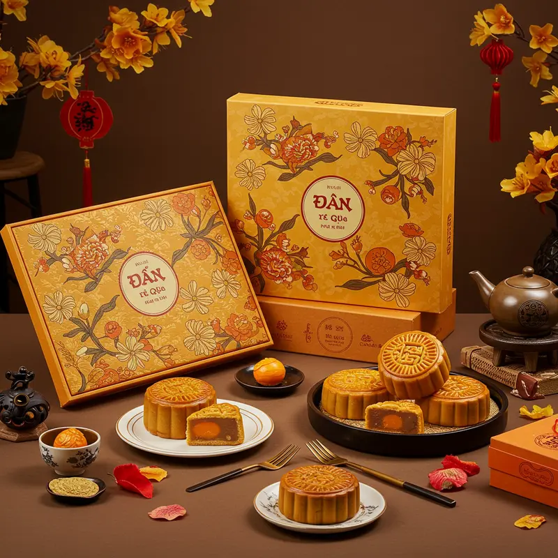 Bộ bánh Trung Thu cao cấp, hộp mở, đặt trên bàn, không khí lễ hội, thích hợp làm quà tặng.
