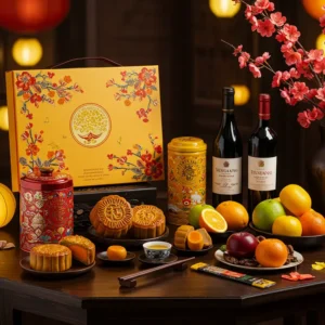 Hình ảnh hộp quà Trung thu sang trọng bày biện với bánh, trà, rượu vang, trái cây