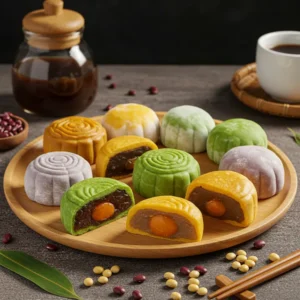Bộ sưu tập bánh trung thu mochi nhân ăn kiêng, với các loại nhân và nguyên liệu tự nhiên, trình bày trên khay gỗ.