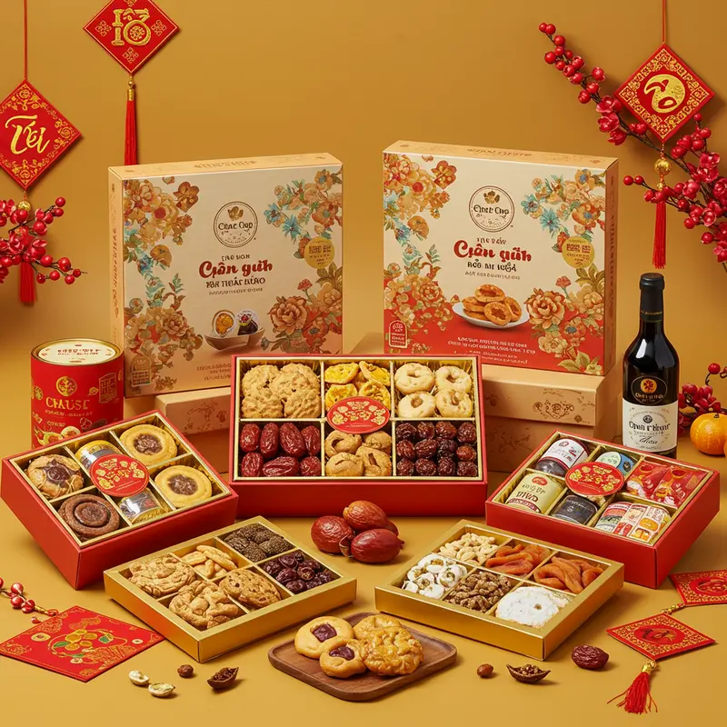 Hộp quà Tết tầm trung nổi bật giữa không gian đầm ấm ngày Xuân.