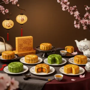 Bàn tiệc trung thu với nhiều loại bánh trung thu đủ loại vỏ: nướng, dẻo, lava, tuyết, matcha.