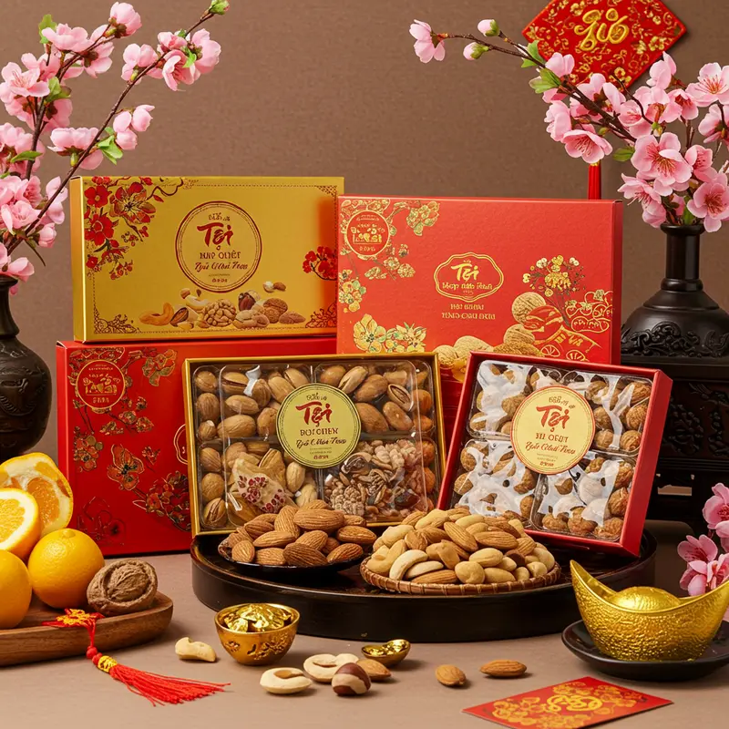 Hộp quà Tết hạt dinh dưỡng đầy màu sắc và sang trọng.