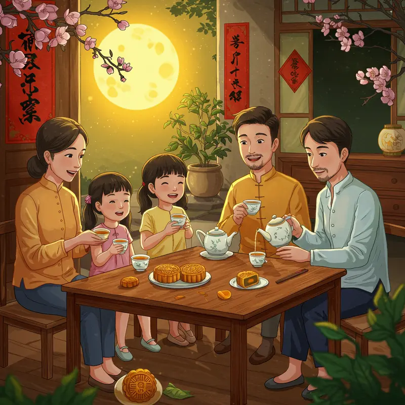 Bánh Trung Thu truyền thống và Mochi Nhật Bản đặt cạnh nhau trên khay tre.