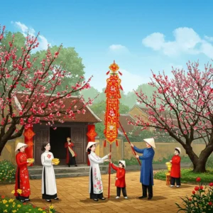 Cảnh gia đình Việt Nam hạ nêu sáng mùng 7, hoa mai đào nở, không khí sum vầy đầm ấm.